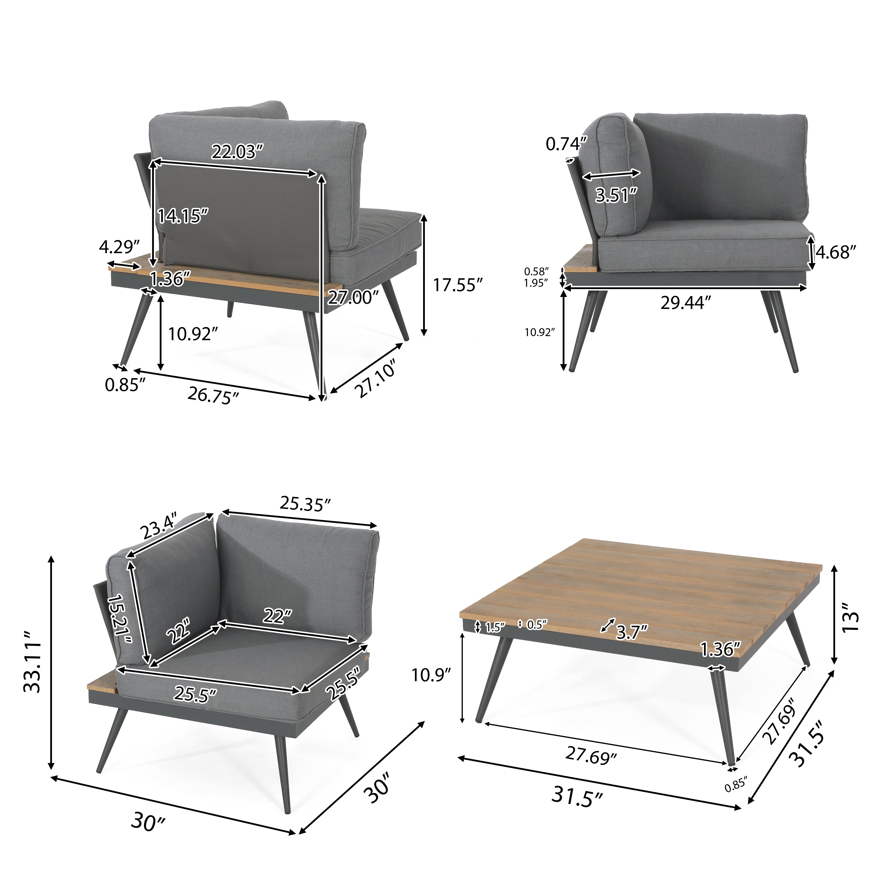 Deborah Outdoor Wood and Aluminum V-Shaped 5 Seater Sofa Set