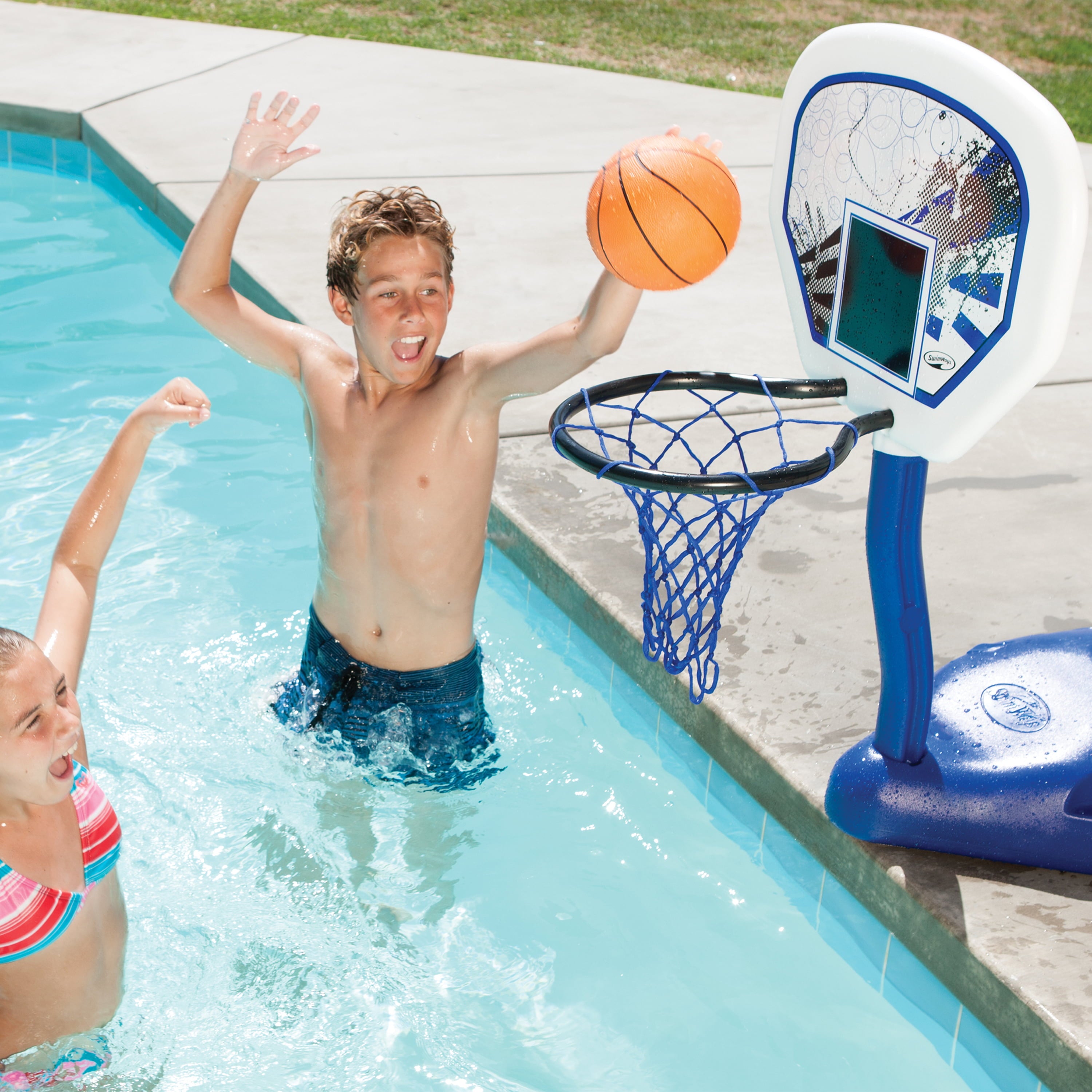 SwimWays Poolside Basketball Hoop Swimming Pool Water Game Set for Inground Pools w/ Pro-Style Ball