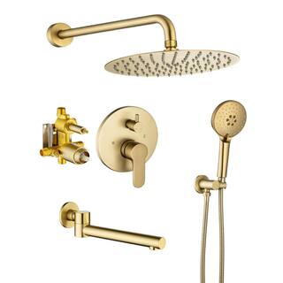 Lukvuzo 14 in. Brushed Nickel 3-Jet Shower System with Tub Spout and Rough-in Valve in Gold SNSA08FS003