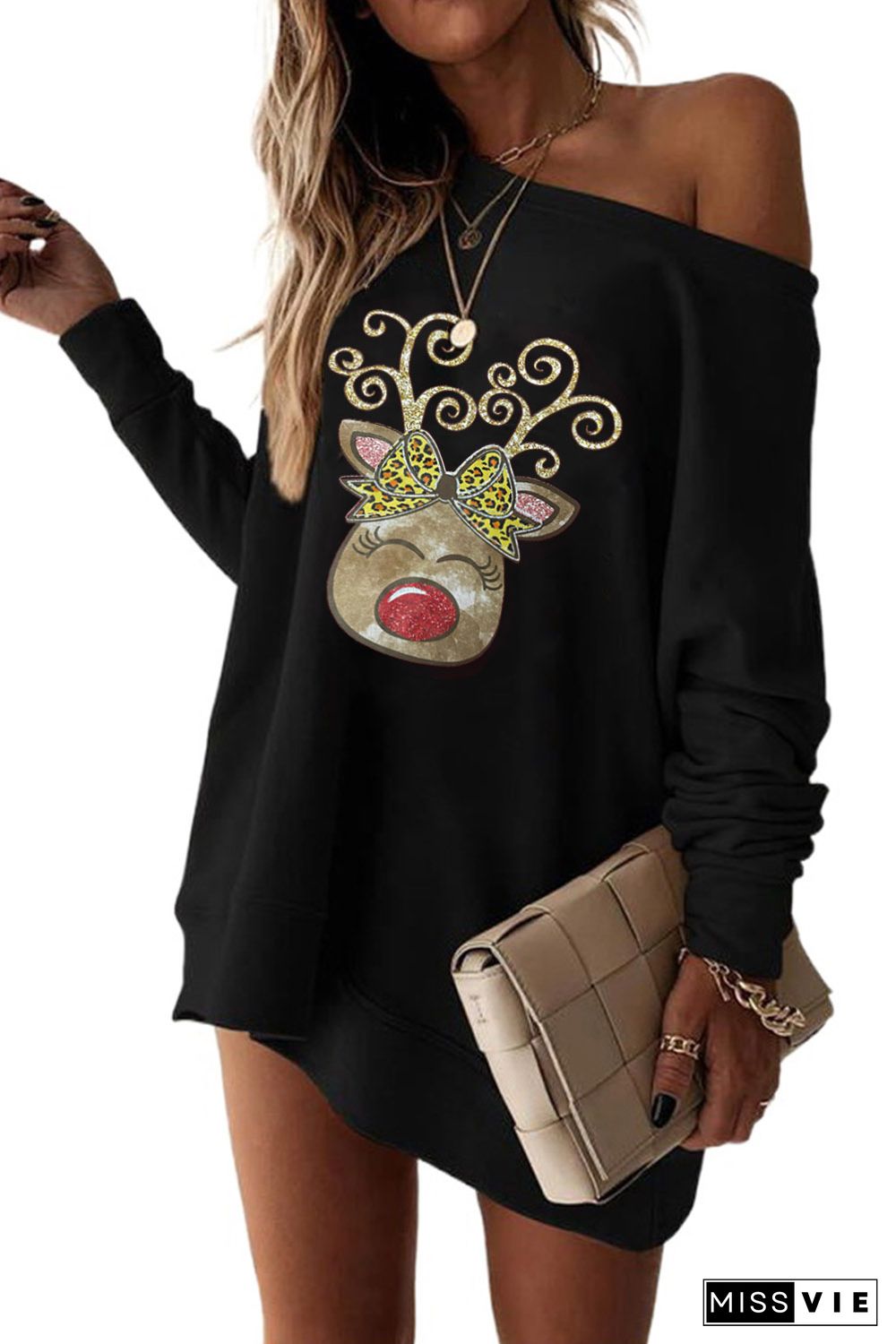 Black Christmas Animal Print Sweatshirt Mini Dress