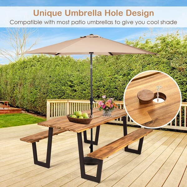 Picnic Table Bench Set Outdoor Dining Table Set with Umbrella Hole