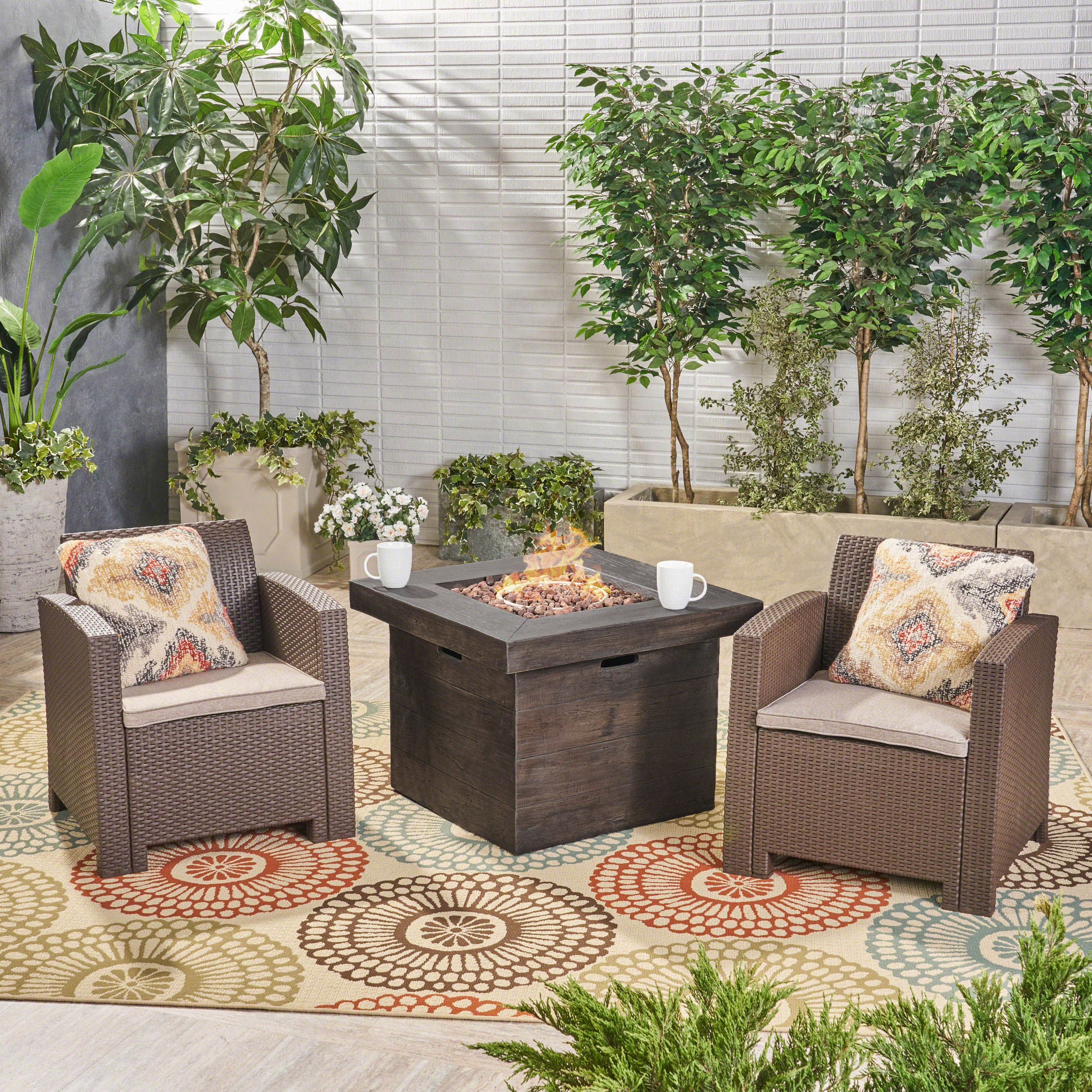 Ollie Outdoor 2-Seater Wicker Print Club Chair Chat Set with Fire Pit