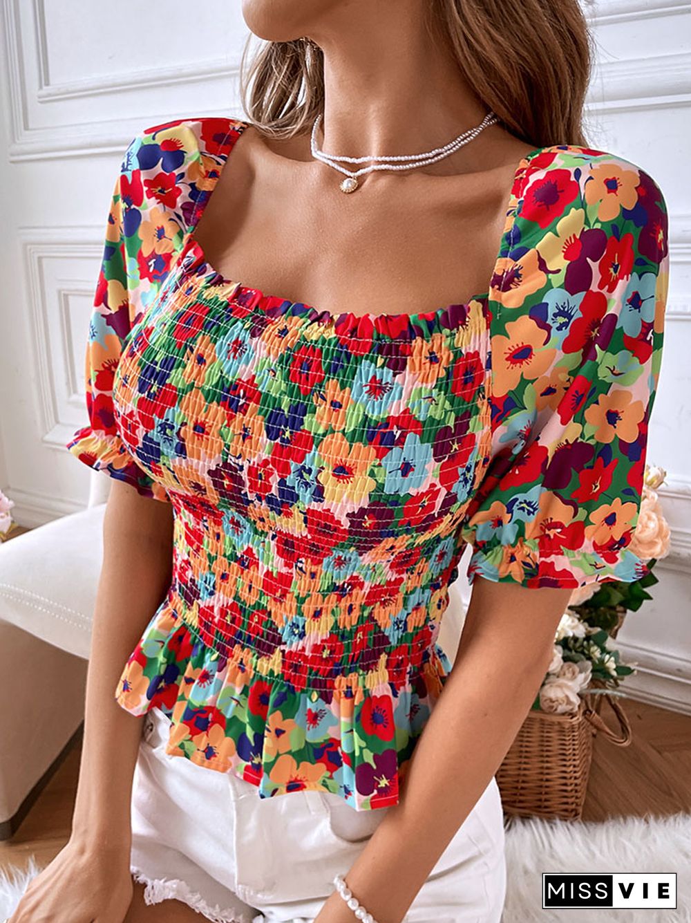 Women's Elegant Bodycon Blouses Top Summer Casual Print Square Neck Gathered Short Sleeve Floral Short Shirts Women Blouses