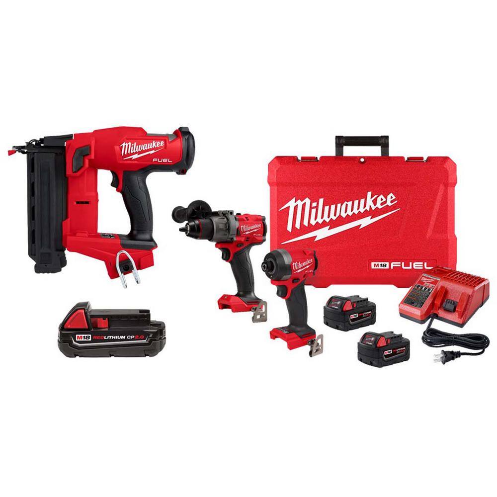 MW M18 FUEL 18-Gauge Cordless Brad Nailer M18 FUEL Hammer Drill Impact Driver Combo Kit w2 Batteries M18 2.0 Ah Battery 2746-20-48-11-1820-3697-22