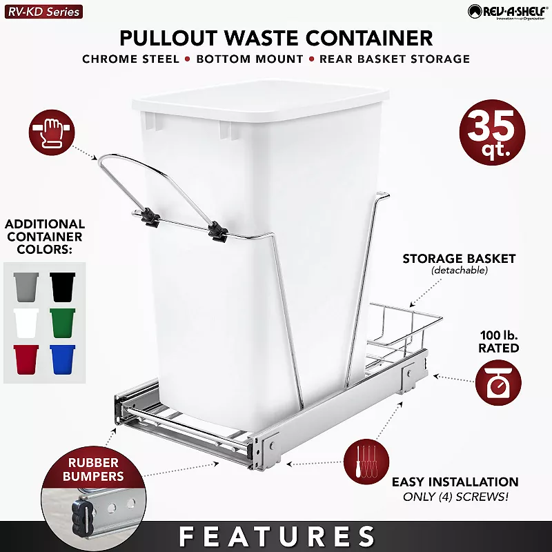 Rev-a-shelf Pull Out Trash Can 35 Qt For Kitchen Cabinets， Green， Rv-12kd-19c-s