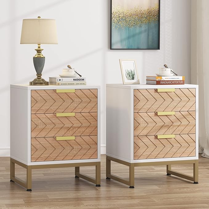 3 Drawers Nightstand, Modern Bedside End Table with Metal Frame