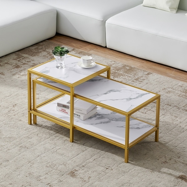 Modern Coffee Table Side Table，Gold Metal Frame with Marble Color Top