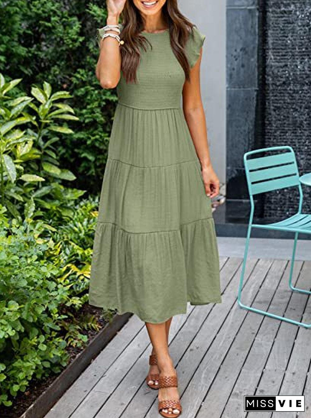 Solid Color Round Neck Cap Sleeve Loose Maxi Dress