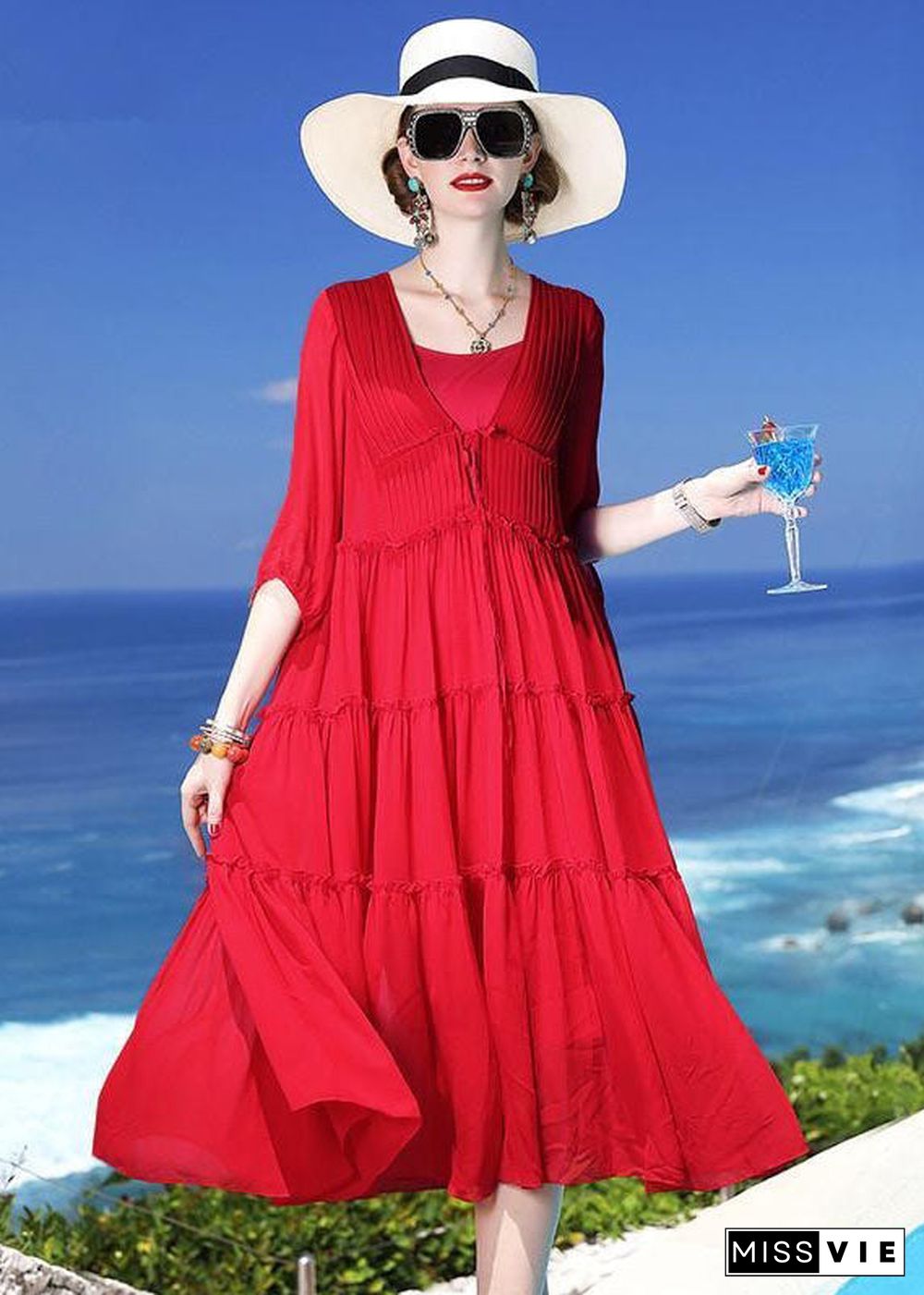 Chic Red Patchwork Silk Two Pieces Set Beach Holiday Dress Summer