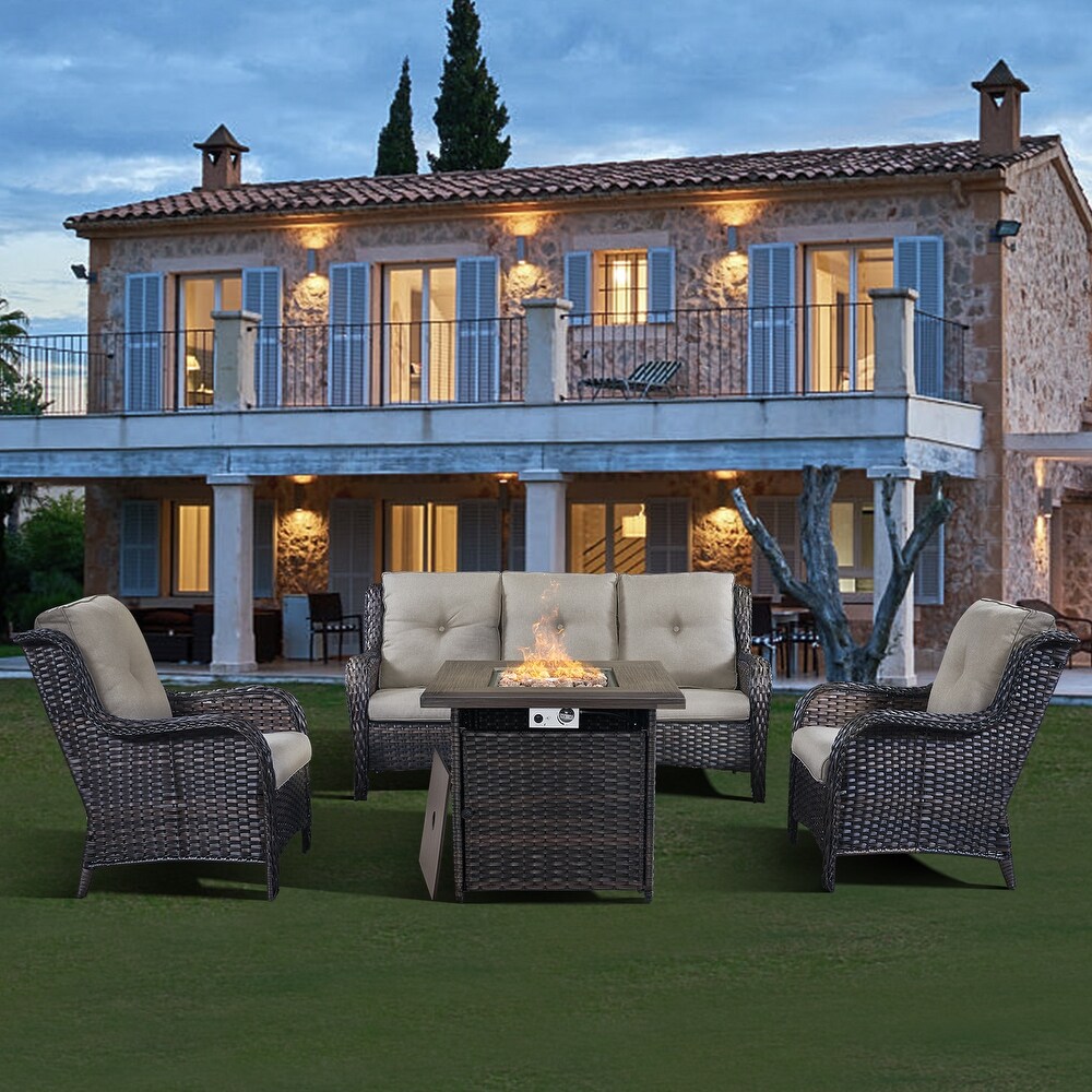 Patio Outdoor Wicker Sofa Set with Fire Pit Table