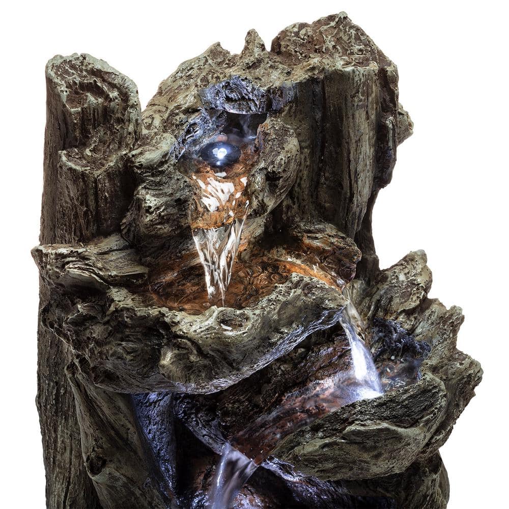 Alpine Corporation 14 in. Tall Indoor Tiered Log Tabletop Fountain with LED Lights WIN794S