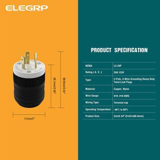 ELEGRP 20 Amp 125-Volt NEMA L5-20P Locking Plug Industrial Grade Grounding Heavy-Duty BlackWhite L0520P