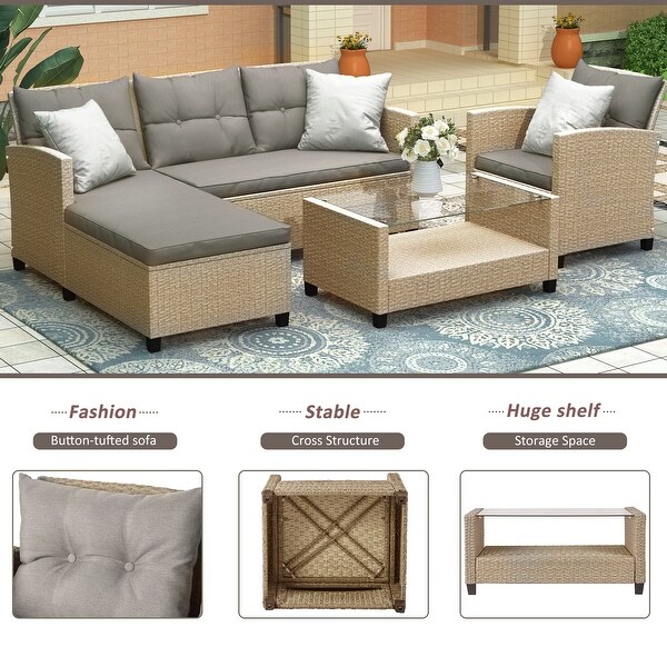 4Piece Classic Conversation Set，Wicker Rattan Patio Sofa with Cushions