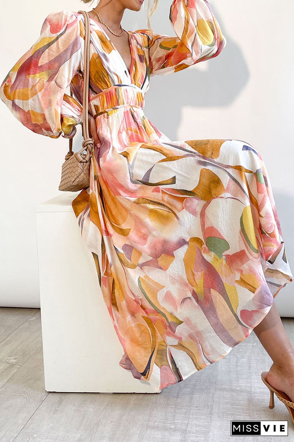 Deep V Neck Ruffle Printing Maxi Dress