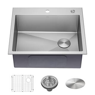 KRAUS Loften Stainless Steel 25 in. 1-Hole Single Bowl Drop-in  Undermount Kitchen Sink with Accessories KHT411-25