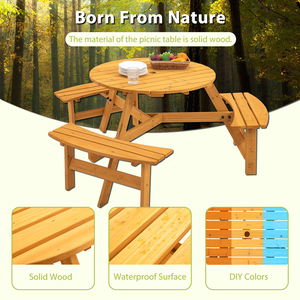 Hommoo 6-Person Circular Picnic Table Bench Set， Outdoor Wood Picnic Table for Patio， Mid Century Picnic Table with 3 Built-in Benches， Natural