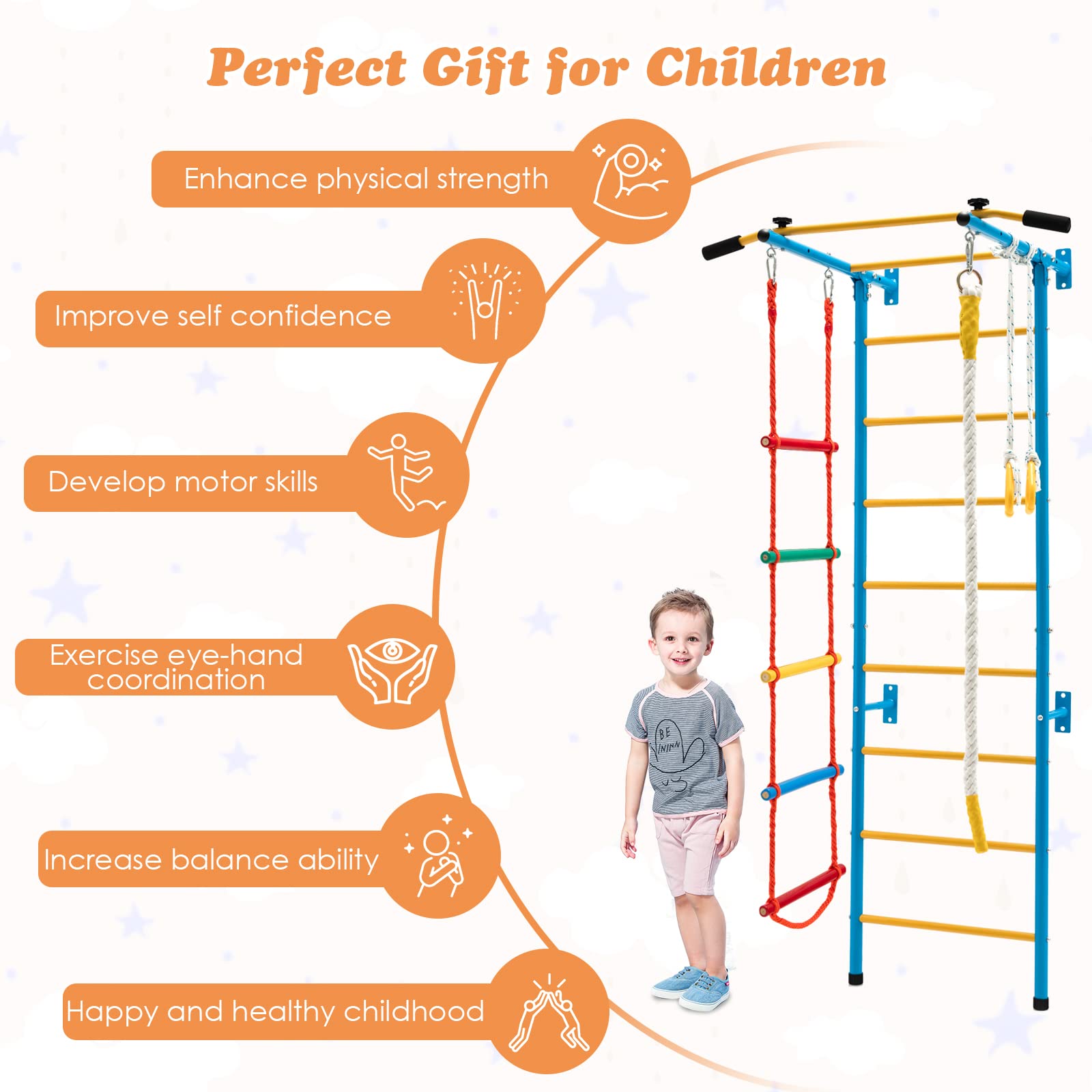 Costzon Climbing Toys for Toddlers, Kids Ladder Wall Set for Exercise, Indoor Steel Stall Bars with Wall Ladder