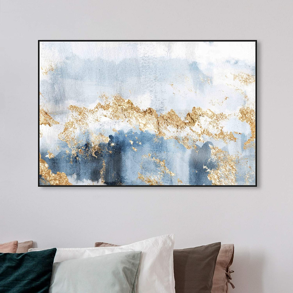 Modern Wall Art  Black Painted Frame With Abstract Painting  Blue  ampGold Tones   Transitional   Entertainment Centers And Tv Stands   by Decor Love  Houzz