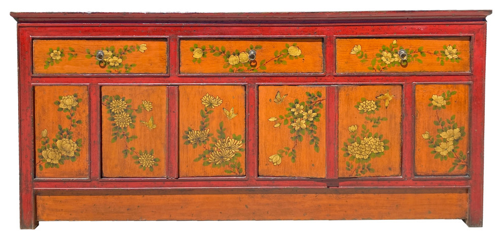 Chinese Tibetan Orange Red Yellow Flower Graphic Low TV Console Table Hcs7317   Asian   Console Tables   by Golden Lotus Antiques  Houzz