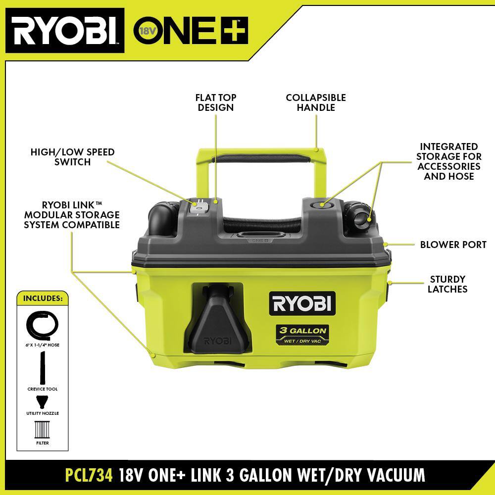 RYOBI ONE+ 18V LINK Cordless 3 Gal. WetDry Vacuum Kit with 4.0 Ah Battery and 18V Charger PCL734K