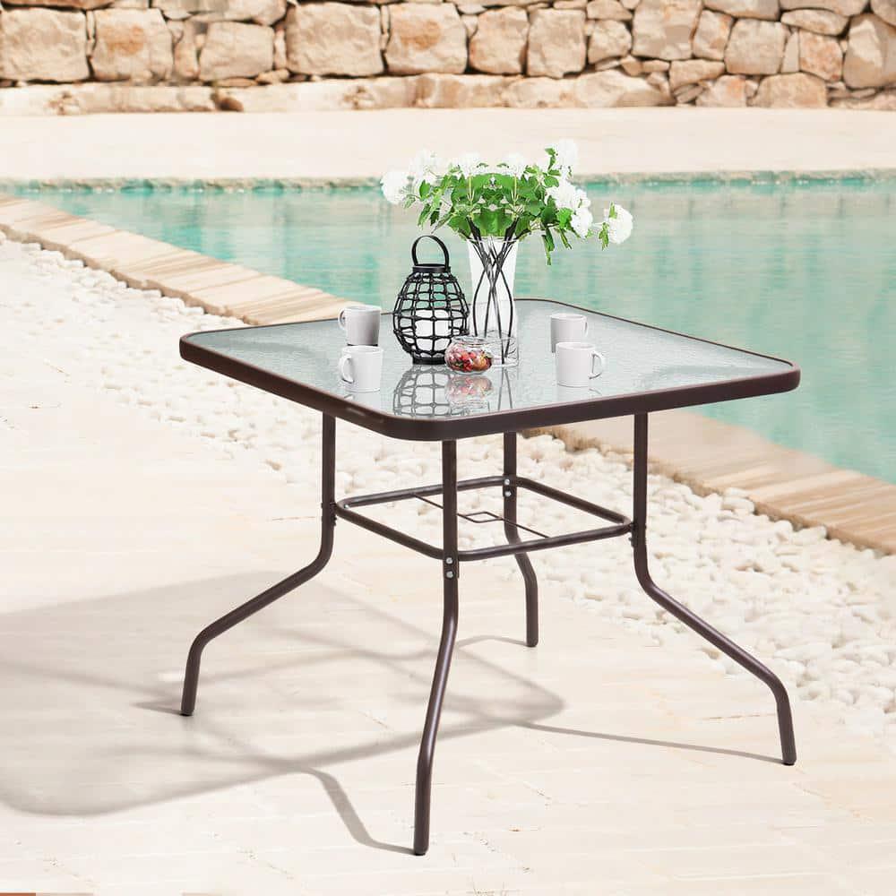 Pellebant 335 in Square Metal Outdoor Dining Table with Umbrella Hole and Tempered Glass Tabletop