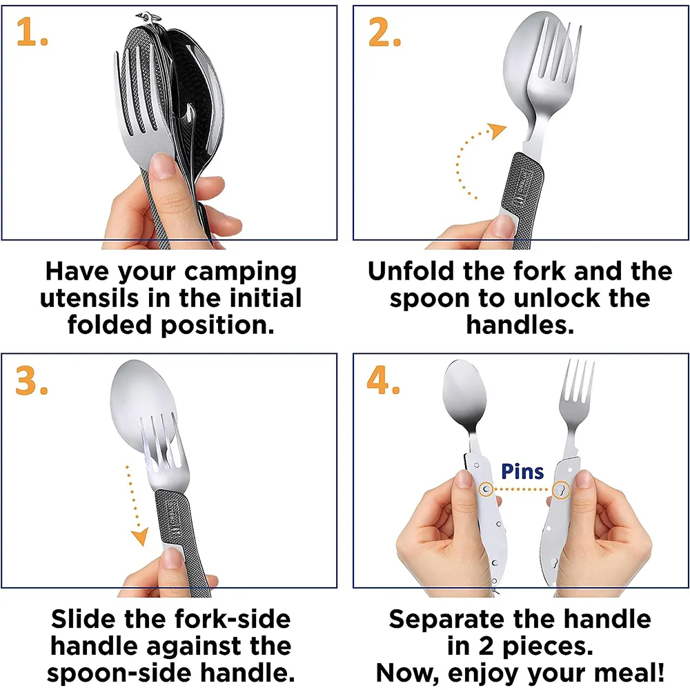 4 in 1 Foldable Stainless Steel Fork Spoon Knife and Bottle Opener Combination Kits Camping Utensil Cutlery Set