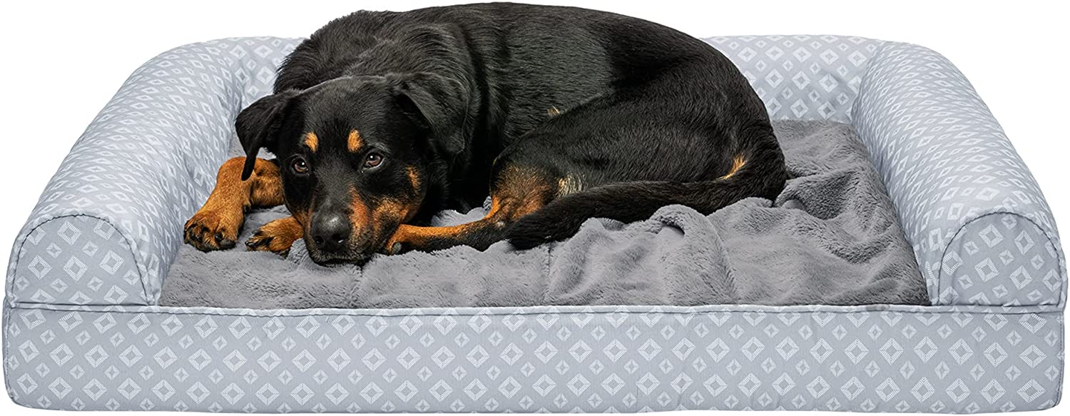 Plush Fur and Diamond Print Nest-Top Full Support Orthopedic Foam Sofa Dog Bed - Gray， Jumbo