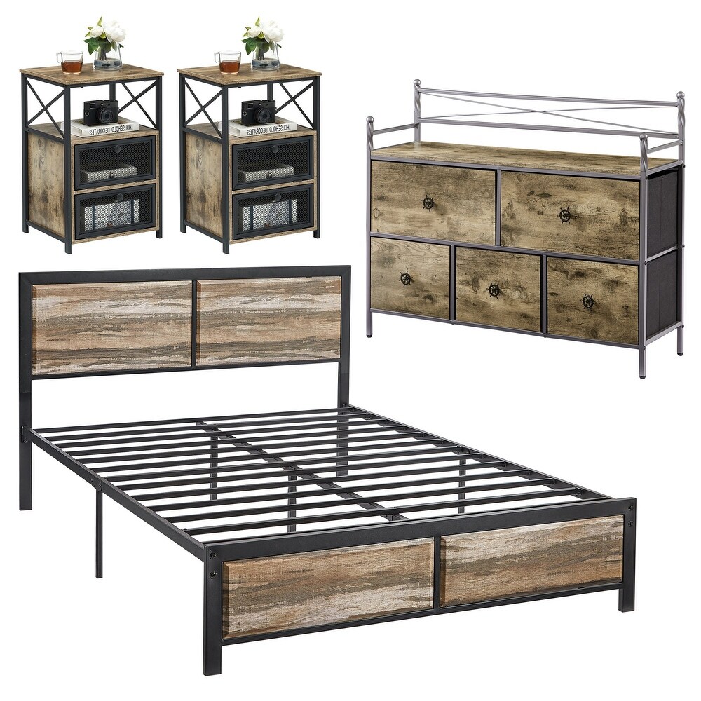 VECELO 4 Pieces Bedroom Set with Drawer and Nightstands Set of 2  Brown/Grey Set