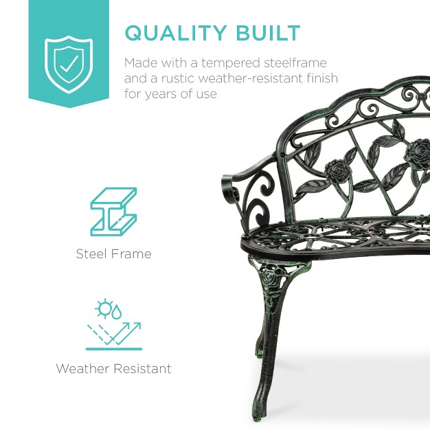 Best Choice Products Outdoor Bench Steel Garden Patio Porch Furniture W Floral Accent Antique Finish