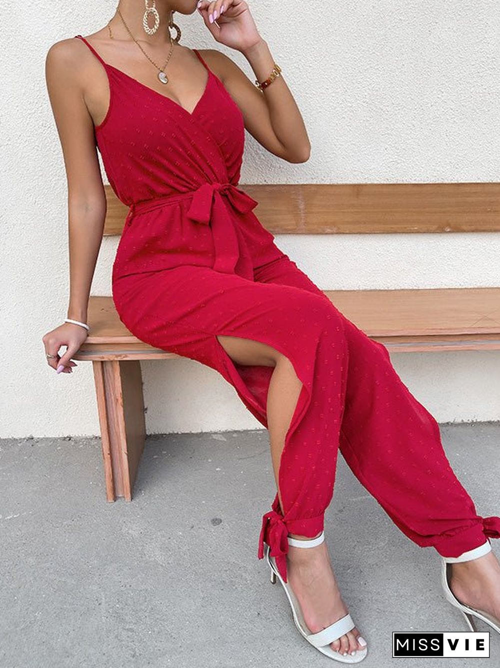 Women'S Jumpsuits Sling V-Neck Tie Slit Sleeveless Jumpsuit