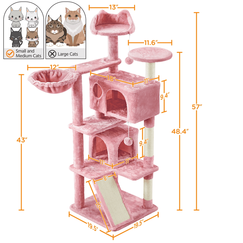 SMILE MART 57''H Multilevel Cat Tree Condo Tower with 2 Condos and Fur Ball and Round Platform and Ladder， Pink