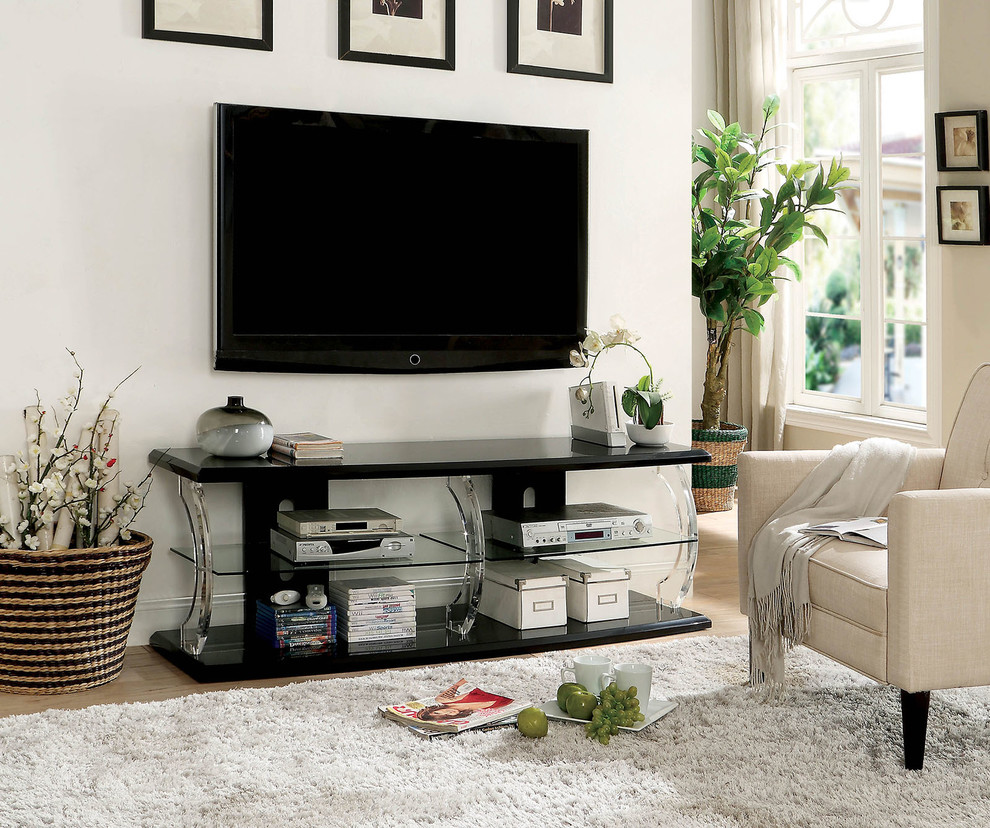 Benzara BM181321 60 quotWooden TV Stand With Spacious Glass Shelf  Black  ampClear   Contemporary   Entertainment Centers And Tv Stands   by Uber Bazaar  Houzz