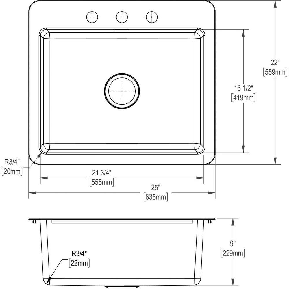 Elkay Avenue 25 in. Drop inUndermount Single Bowl 18 Gauge Stainless Steel Kitchen Sink with Bottom Grids HDSB25229TR3