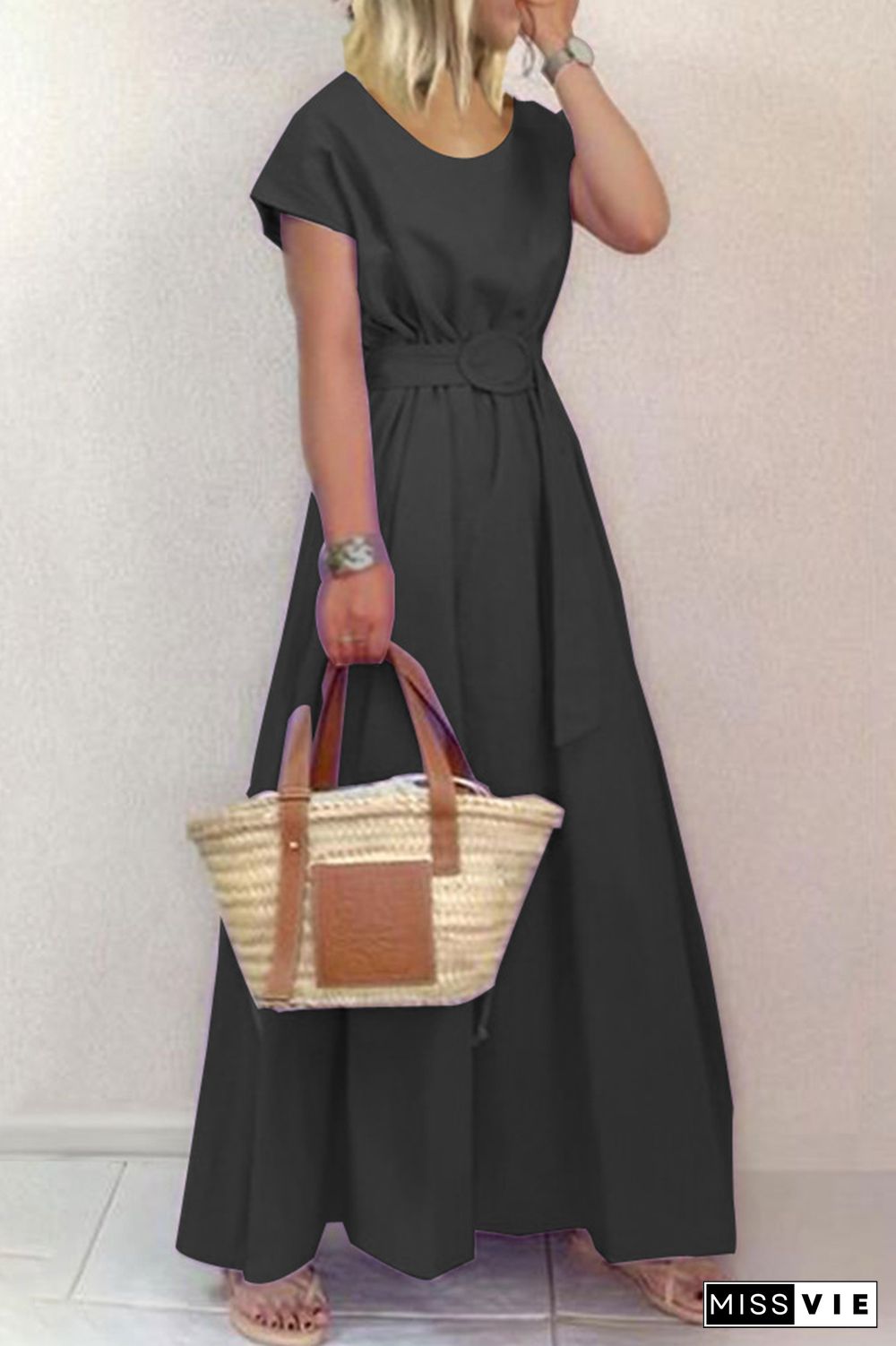 Fashion Solid Patchwork O Neck Waist Skirt Dresses(6 colors)