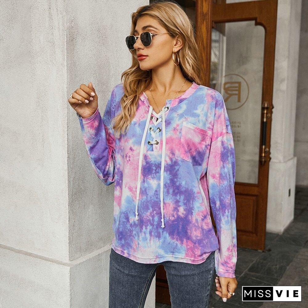 Sale Women Tie Dye Print T-shirt Long Sleeve Loose Tops for Women Autumn Cross Bandage Casual Basic Tops Female Pullovers D30