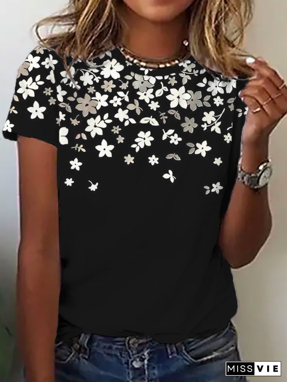 Plus size Casual Crew Neck Floral Short Sleeve T-Shirt