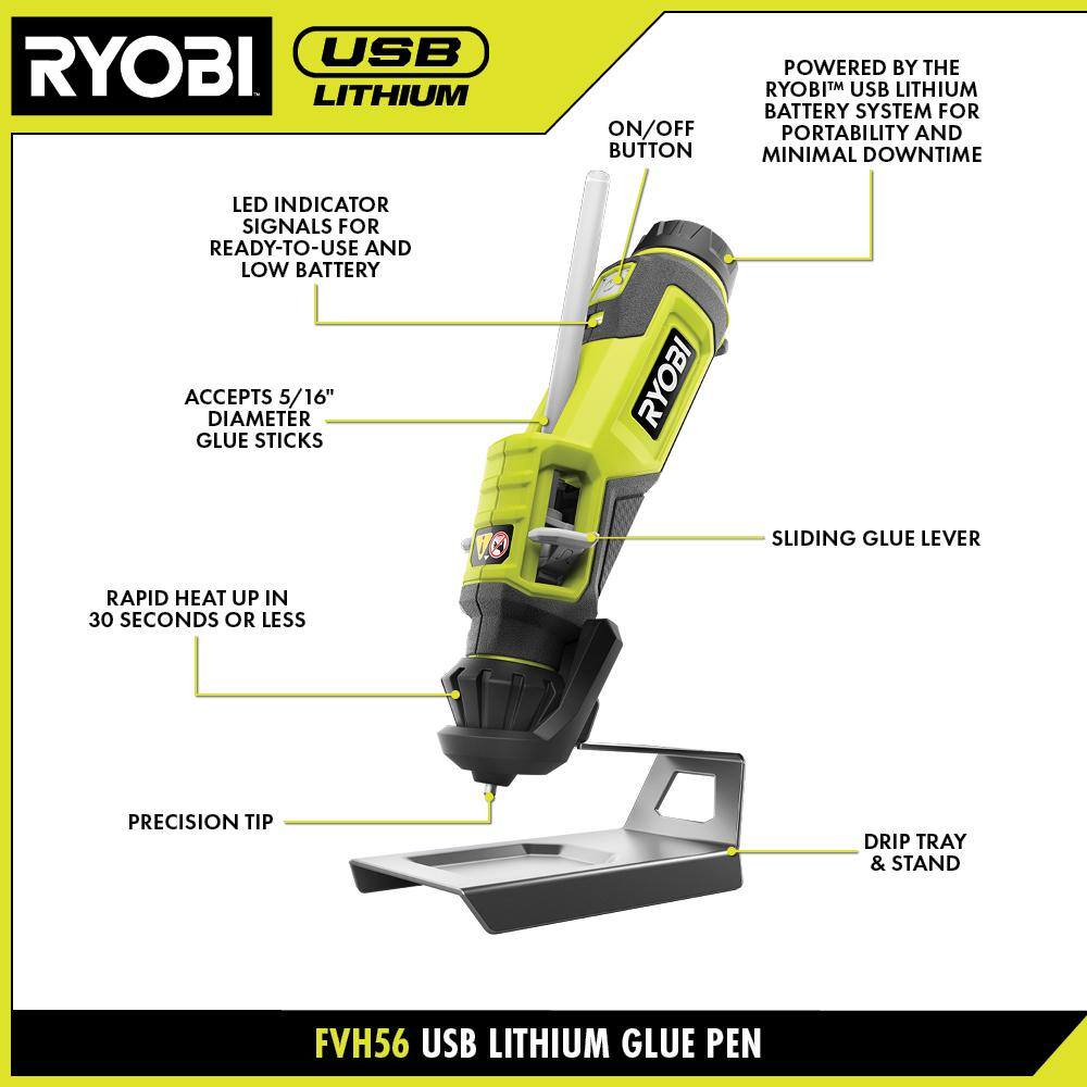 RYOBI USB Lithium Glue Pen Kit with 2.0 Ah USB Lithium Battery and Charging Cable FVH56K