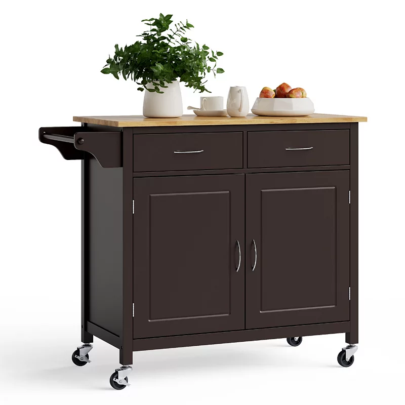 Modern Rolling Kitchen Cart Island with Wooden Top