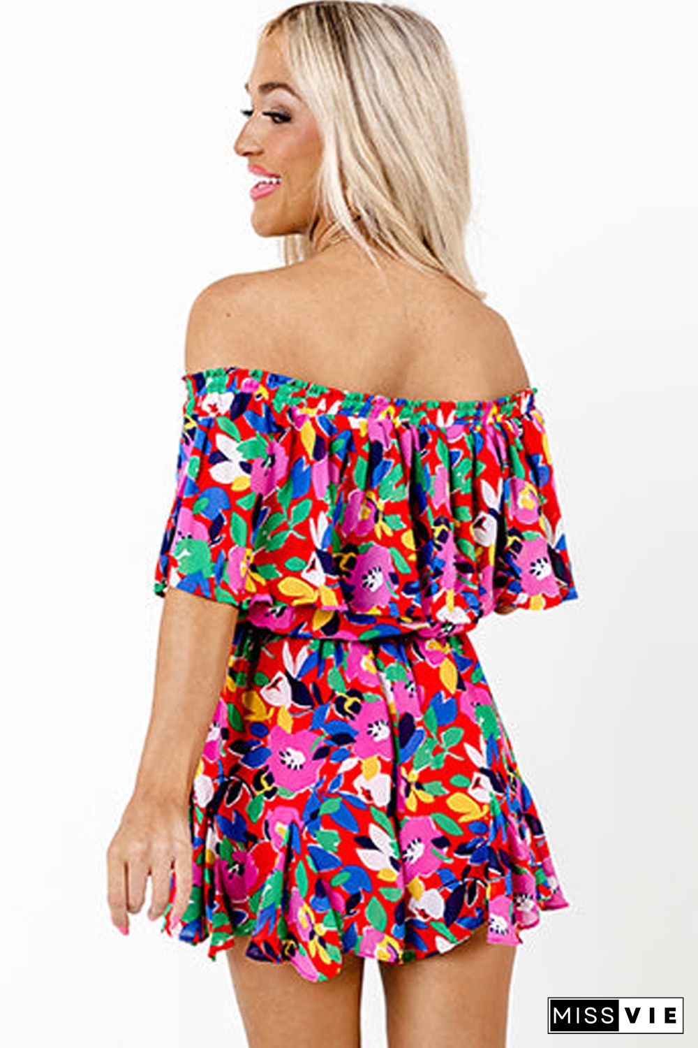 Red Floral Off Shoulder Short Sleeves Ruffle Romper