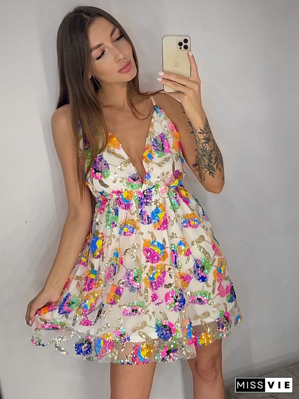 Sleeveless Floral Sequined Pink Sexy Party Dress Deep V Neck Backless Short Night Club Out Summer