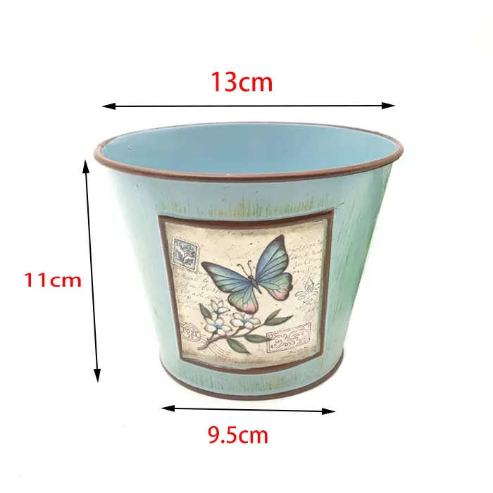 Adorable  Blue Painted Metal Flower Pot With Butterfly Distressed Small Bucket Tabletop Pencil Utensil Holder