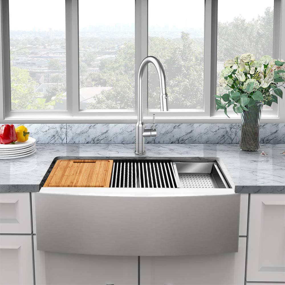 Glacier Bay AIO Zero Radius FarmhouseApron-Front 18G Stainless Steel 33 in. Double Bowl Workstation Kitchen Sink Pull-Down Faucet 4314F-1