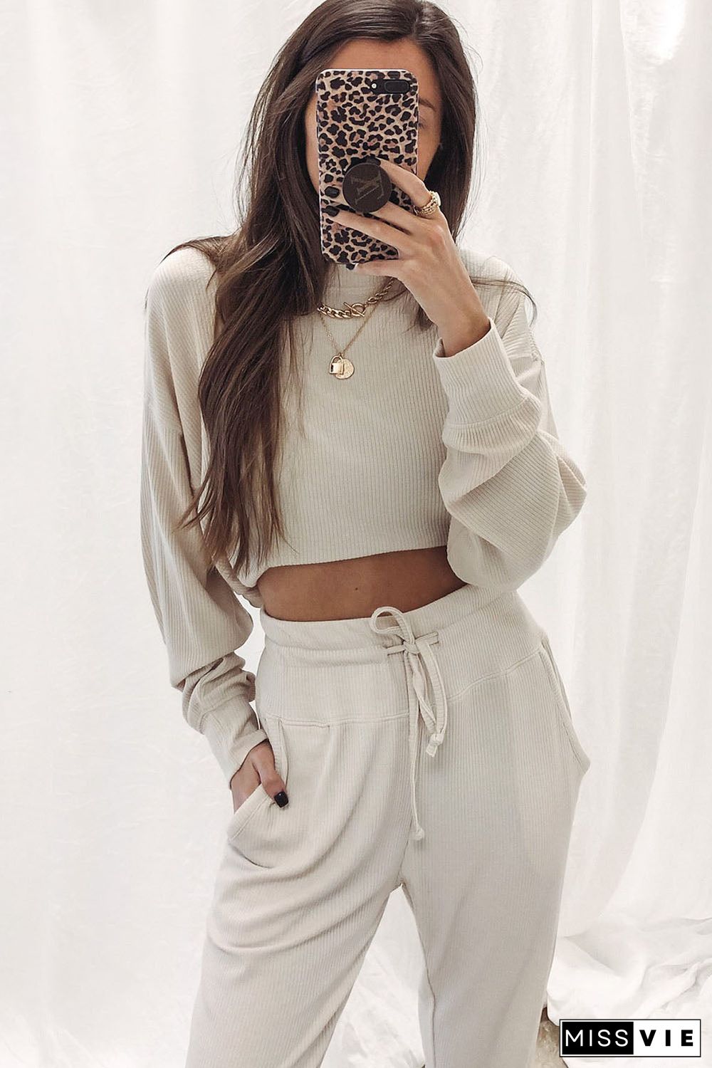 Apricot Ribbed Long Sleeve Drawstring Pants Set