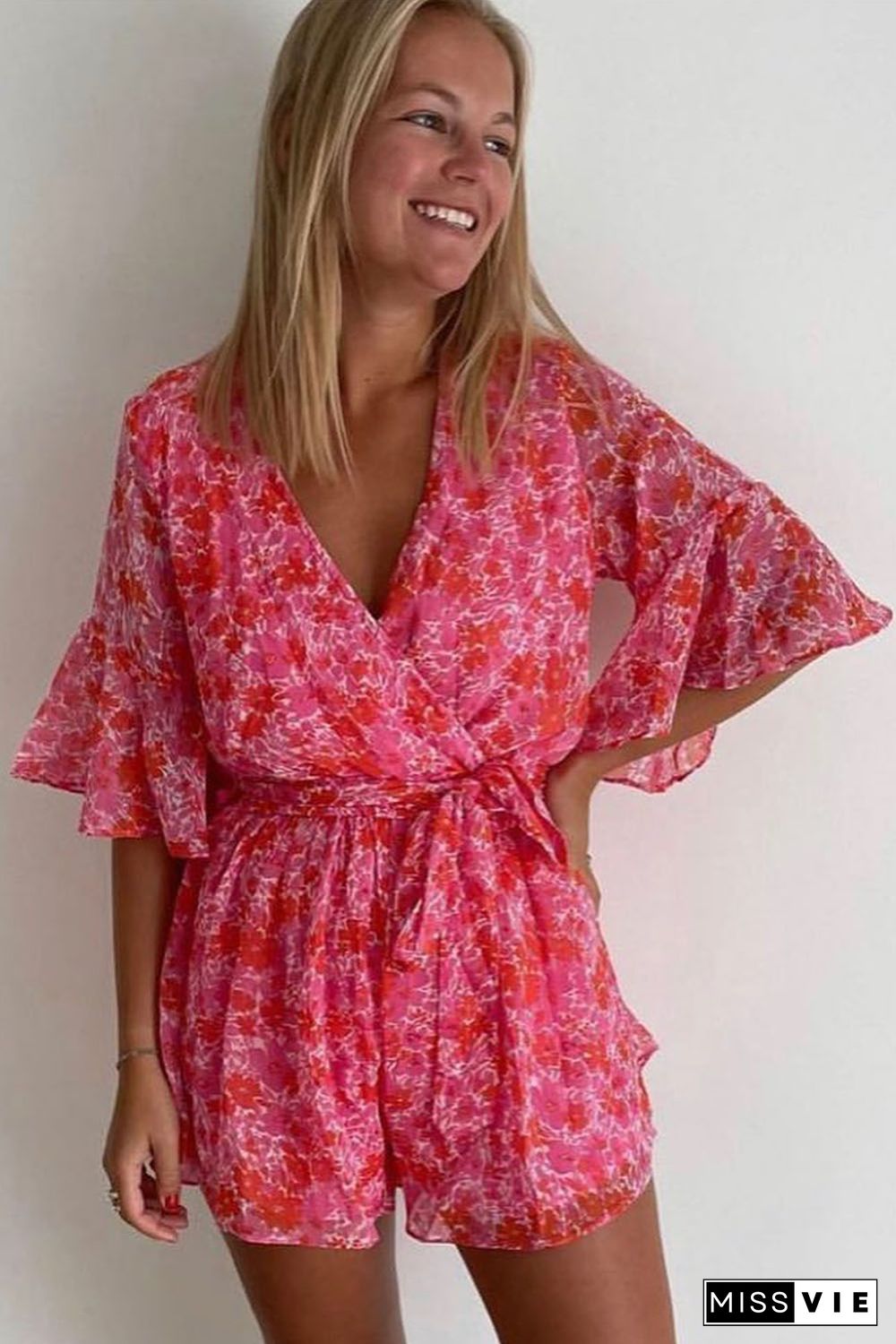 Pink V Neck Ruffled Sleeve Floral Romper