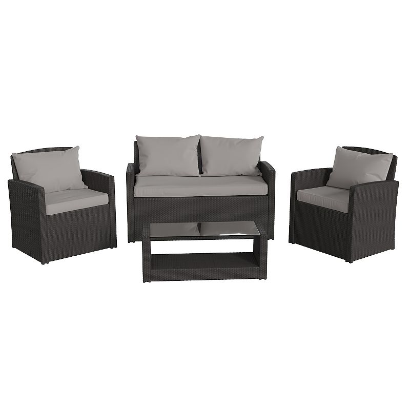 Merrick Lane Atlas 4 Piece Patio Set Contemporary Loveseat， 2 Chair and Coffee Table Set with Back Pillows and Seat Cushions