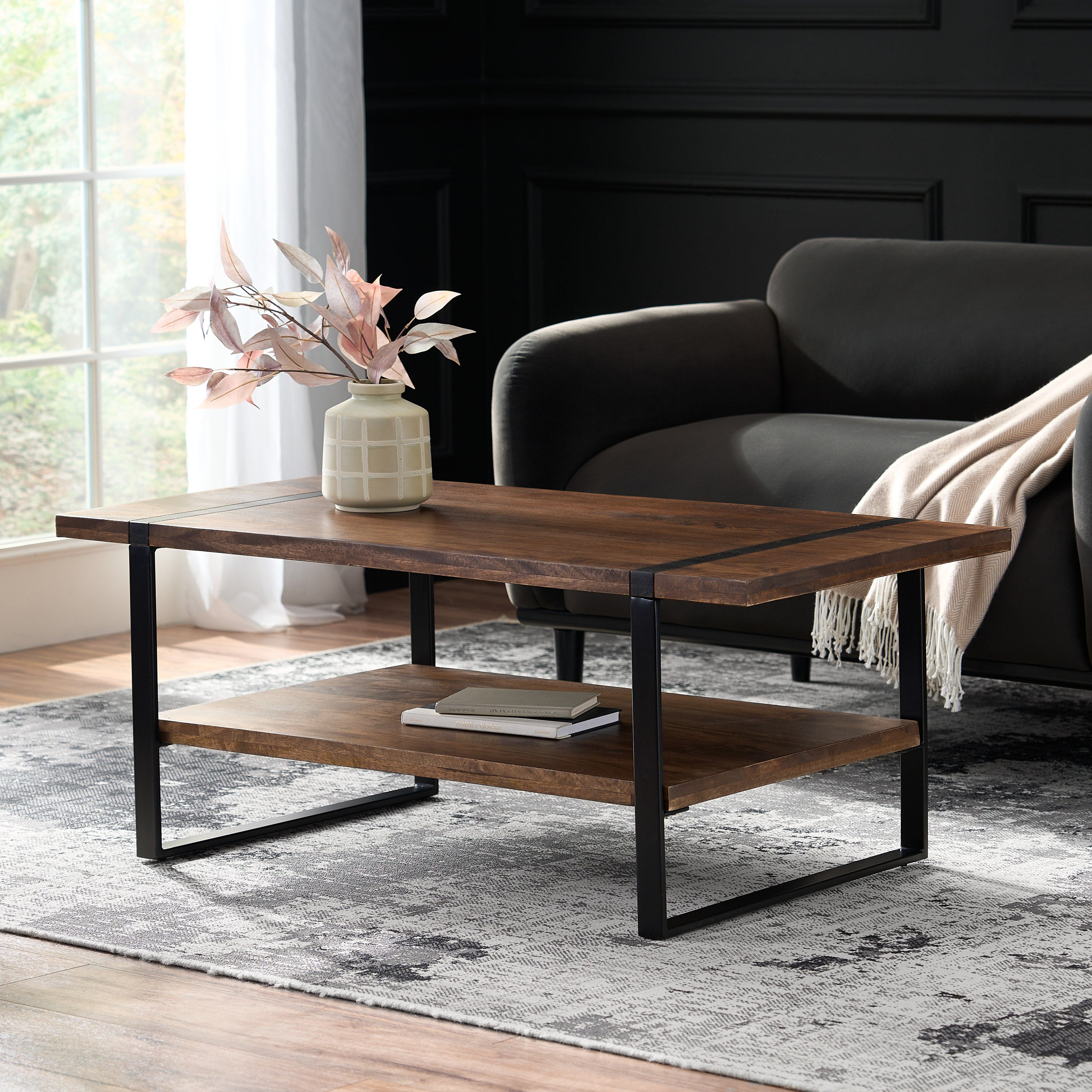 Riverlake Handmade Mango Wood and Iron Rectangular Coffee Table, Walnut Brown and Black