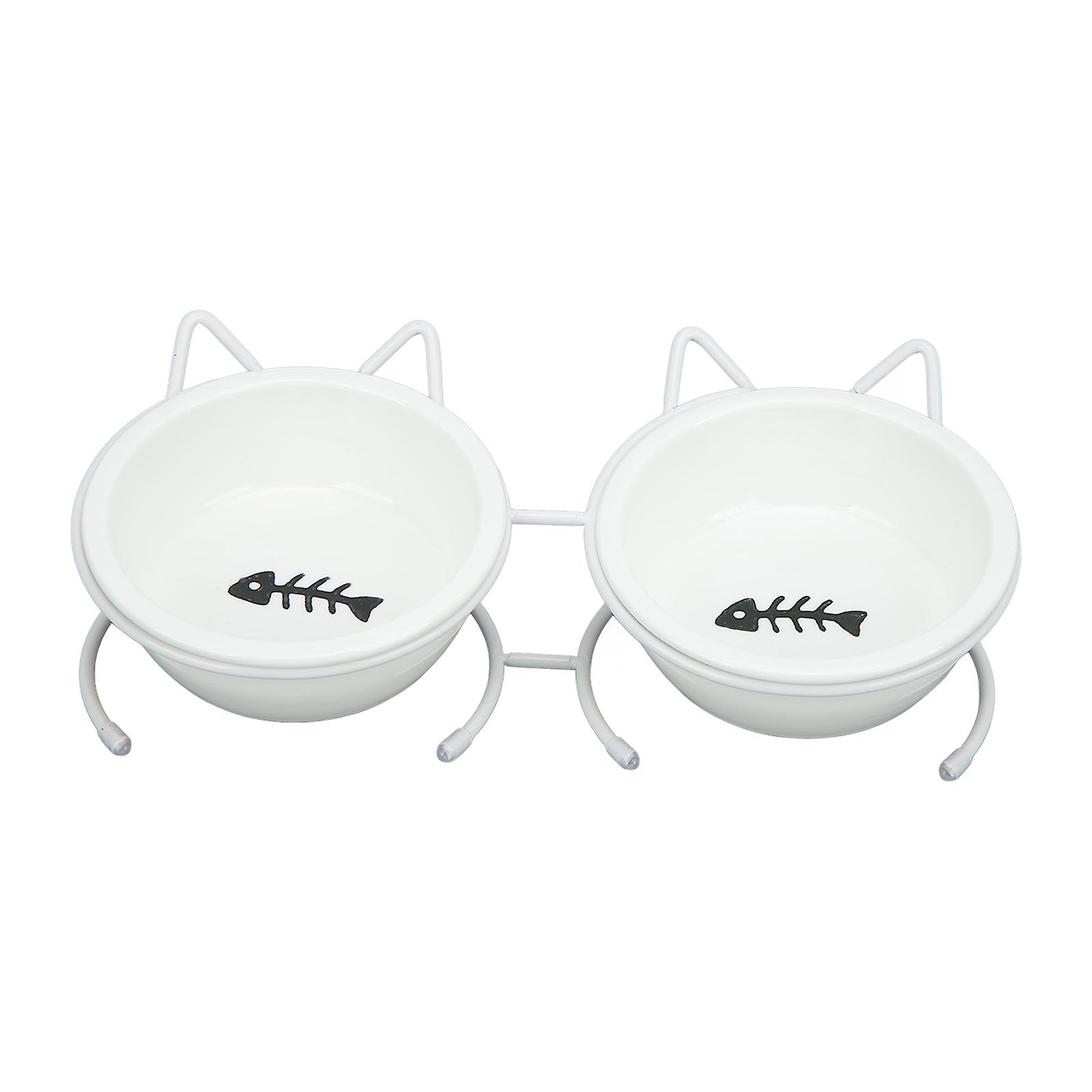 Pet Double Ceramic Bowl Double Ceramic Raised Cat Bowls With Metal Stand And Cover For Food And Water