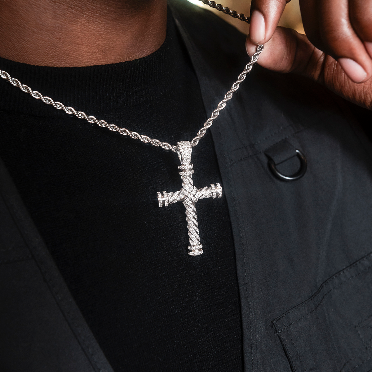 Diamond Rope Cross Pendant in White Gold