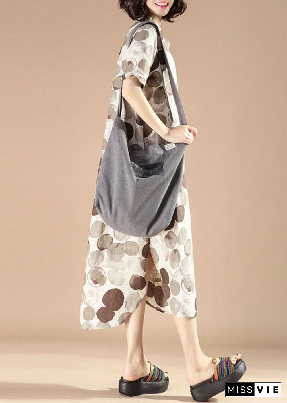 Organic Grey Stand Collar Print Patchwork Linen Dresses Summer