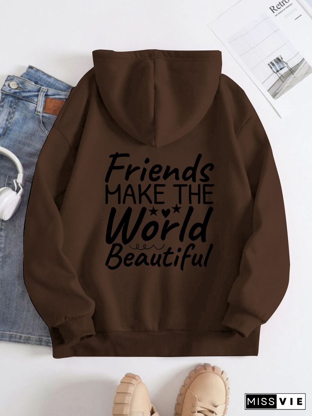 Printed on the Back Kangaroo Pocket Hoodie Long Sleeve for Women Pattern Friends Make the World Beautiful